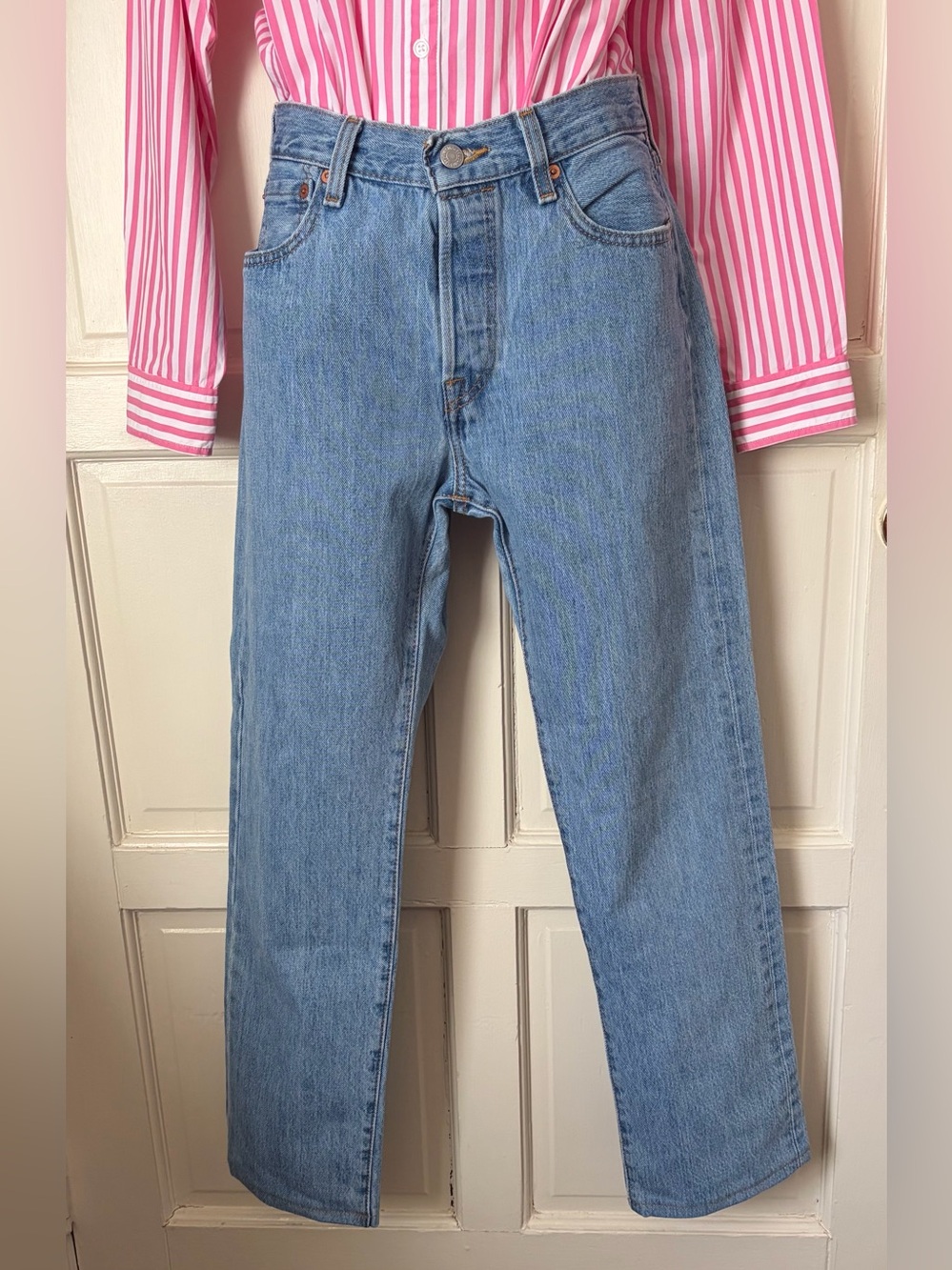 Levi's Light Blue 501 Straight Jeans with Tan Patch
